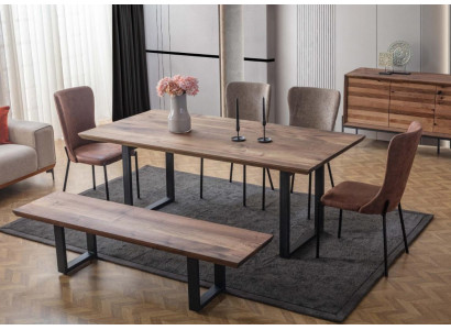 Brown dining room furniture, luxurious dining table, 4 upholstered chairs, wooden bench