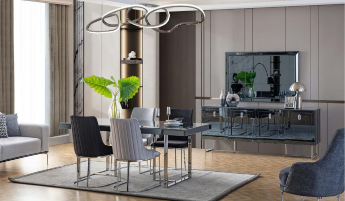 Modern dining room furniture wooden dining table 4x fabric chairs sideboard mirror