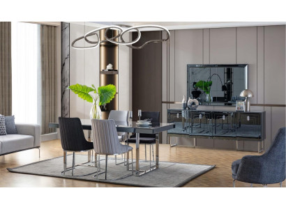 Modern dining room furniture wooden dining table 4x fabric chairs sideboard mirror