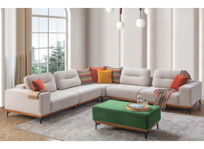 Designer living room set consists of a 2-piece L-shaped corner sofa and stool.