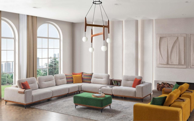 Designer living room corner sofa luxury L-shaped couch upholstery stool 2-piece new