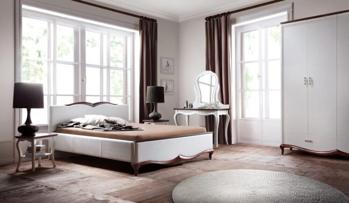 Bed, stool, dressing table with mirror, 2x bedside tables, 5-piece complete bedroom set