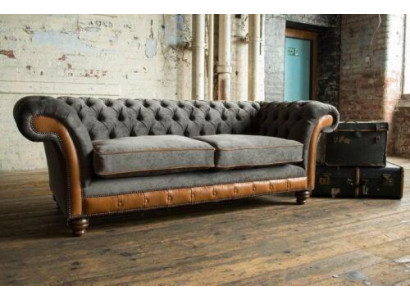 XXL Sofa 3 Seater Couch Chesterfield Upholstered Seating Suite Leather Textile New Gray