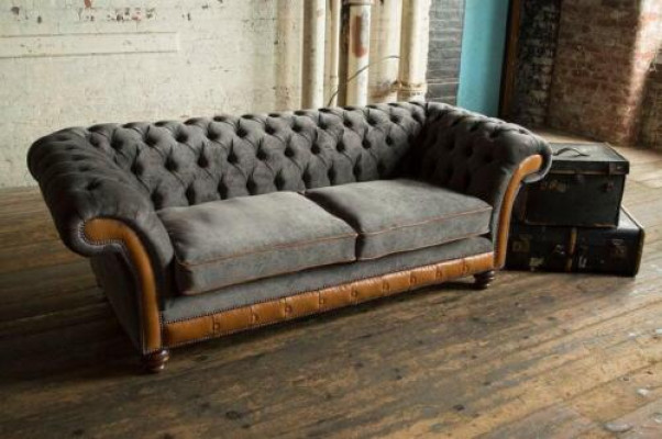 XXL Sofa 3 Seater Couch Chesterfield Upholstered Seating Suite Leather Textile New Gray