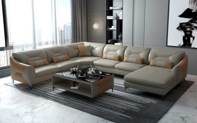 Large living landscape sofa U-shaped corner sofa leather sofa black faux leather