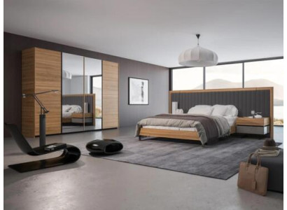 Bedroom set 3-piece double bed modern 2x bedside tables wood design complete