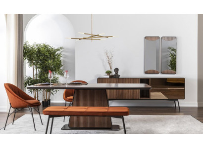Dining area, dining group, dining room, dining table, chairs, bench, 8-piece set, brown, orange