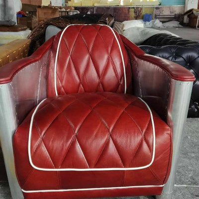 Aircraft Vintage Leather Armchair Red Genuine Leather Retro Chair Design Club Chair