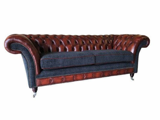Modern design living room sofa 3-seater brown Chesterfield couch leather upholstery textile new