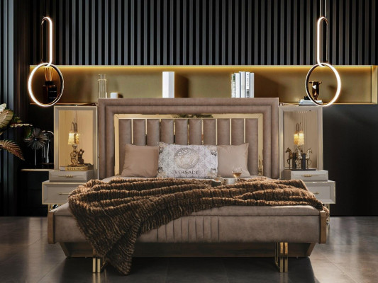Complete bedroom furniture double bed bedside tables beige 3-piece set