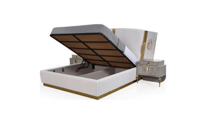 Double bed set Bedroom bed bedside tables 4 pcs Beige wardrobe