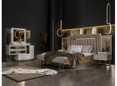 Bedroom furniture, double bed, bed, nightstands, console, beige, 4-piece luxury.
