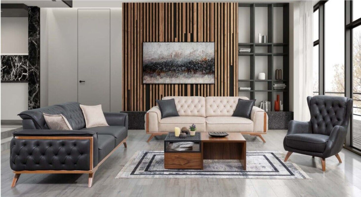 Stylish Black-Beige Living Room Sofa Set 3+3+1 Seater 3-piece Set