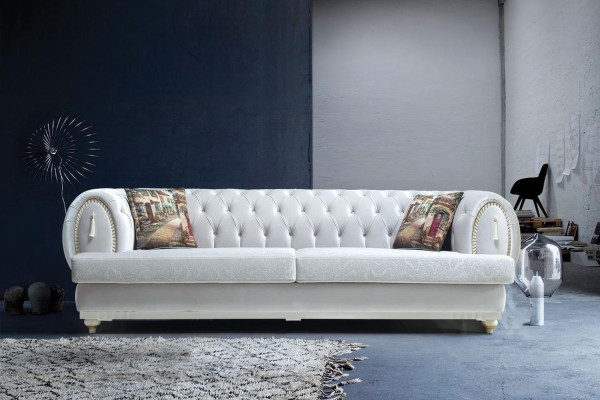 White Chesterfield Three-Seater Modern Sofa Stylish Living Room Couch