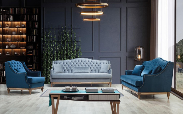 Blue Chesterfield Three-Seater Relax Lounge Sofa Living Room 3-Seater