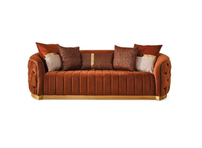 Orange textile three-seater modern designer luxury couch sofa velvet Chesterfield