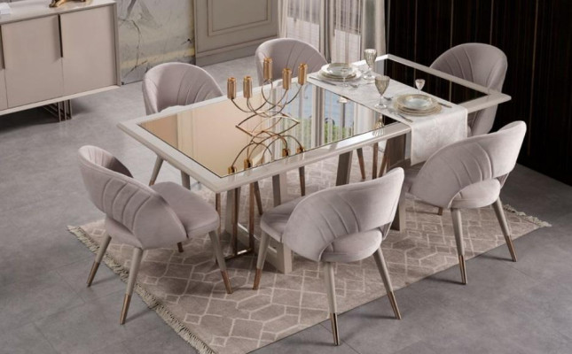 Luxury Dining Area Dining Set Dining Room Dining Table Chairs Beige Wood Set 8-piece