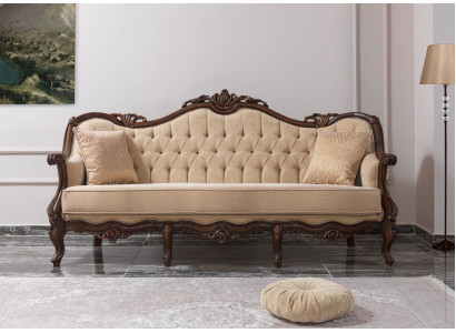 Three-seater sofa, 3-seater fabric sofa, upholstered sofa, beige fabric Chesterfield, 235cm