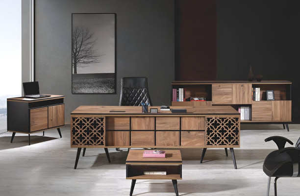 Classic Complete Office Furniture Set Desk 4-Piece Wood Brown