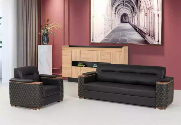 Black sofa set, three-seater, armchair, study, luxury, 2-piece