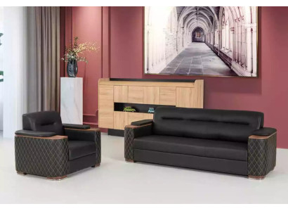 Black sofa set, three-seater, armchair, study, luxury, 2-piece