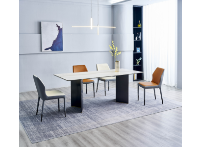 Modern dining room set, large dining table with 6 faux leather chairs, luxury furniture.