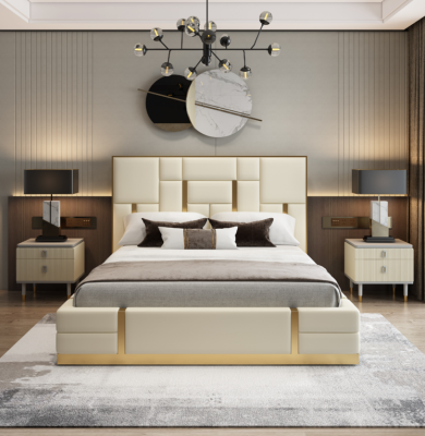 White double bed, bedroom luxury wood frame designer stainless steel bed