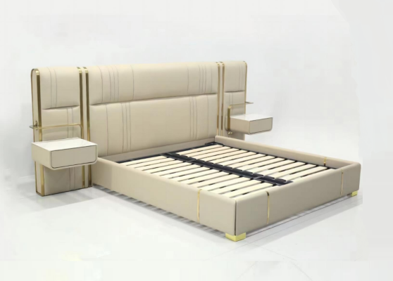 Beige bedroom double bed with large headboard designer wooden beds