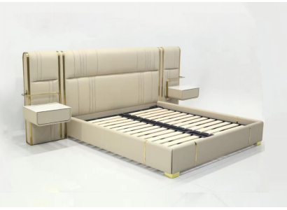 Beige bedroom double bed with large headboard designer wooden beds