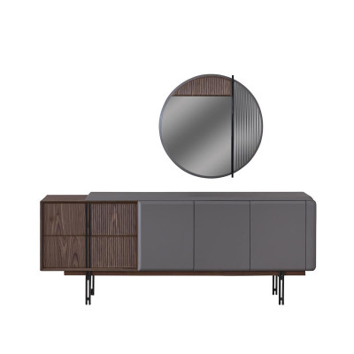 Dining room set consists of dining table, 4 chairs, and sideboard with mirror, 7 pieces.