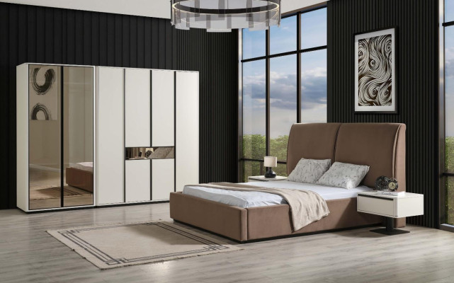 Bedroom furniture, bedroom set, double bed, bed, bedside tables, 3-piece, beige