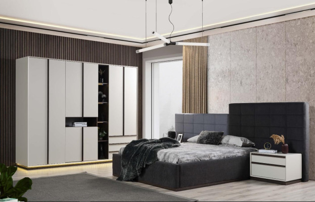 Bedroom bed set double bed bed nightstands 3-piece gray modern