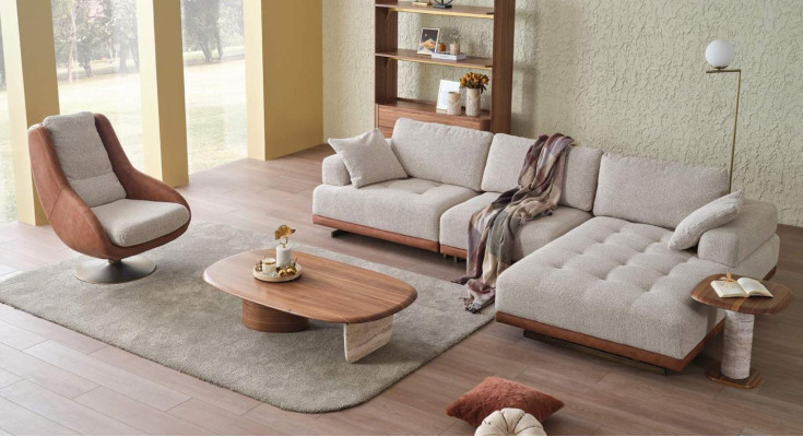 Stylish living room set 2-piece. Luxury corner sofa L-shape + armchair designer set