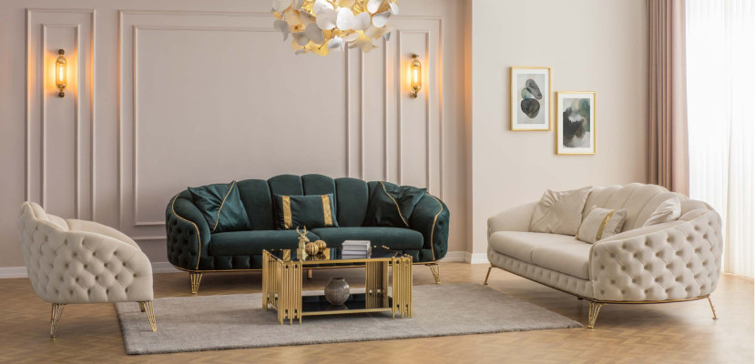 Modern Chesterfield Beige Living Room Sofa Set x2 3-Seater Upholstered Armchair