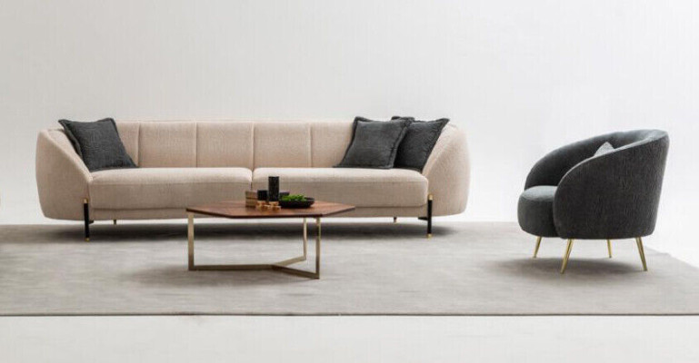 Modern armchair upholstered sofa 3-seater beige high-quality sofas design textile new