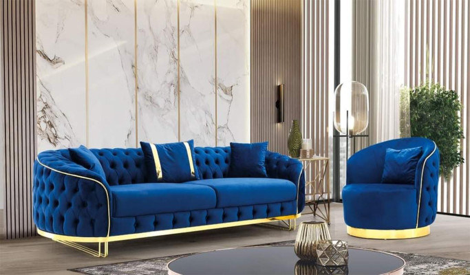Blue Chesterfield Armchair Living Room Round Chair Designer Single Seater. xlfurniture.co.uk