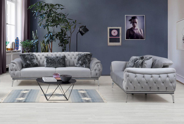 Gray living room fabric sofa modern design Chesterfield textile material