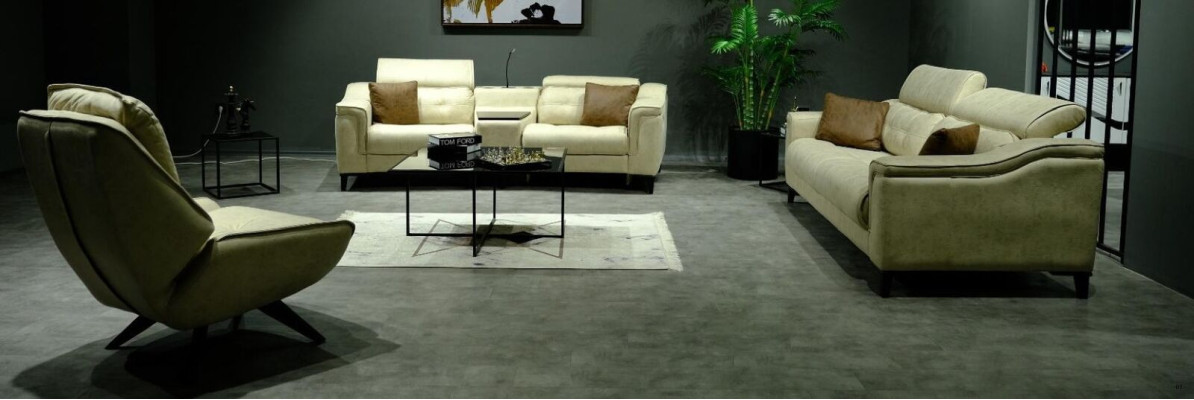 Beige living room three-seater leather sofa 3-seater upholstered couch wooden frame