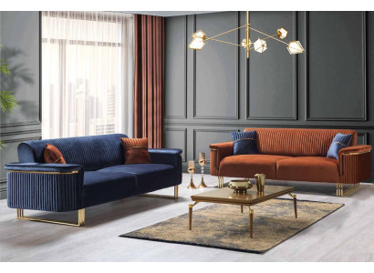 Blue-Orange Living Room Sofa Set Designer Fabric Sofas Modern Furniture 2 Pieces