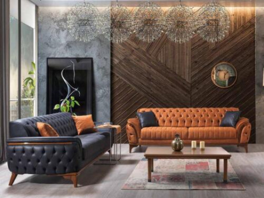 Chesterfield sofas designer living room set upholstery 2x fabric sofas.