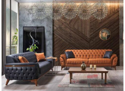 Chesterfield sofas designer living room set upholstery 2x fabric sofas.
