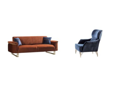 Luxury living room furniture designer brown sofa exclusive armchair 2-piece set