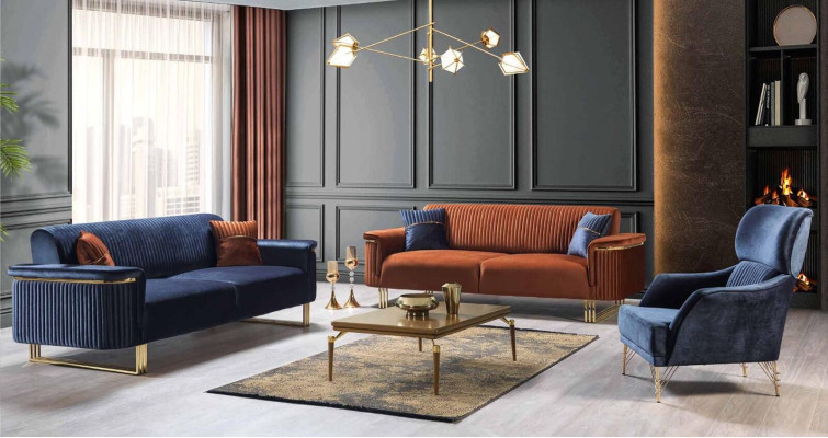 Blue Armchair Set Designer Recliner Living Room Luxury Furniture 2-piece