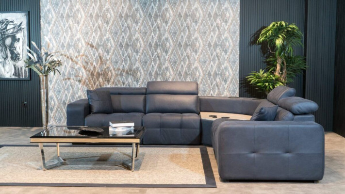L-shaped sectional leather sofa, large sofa, gray couch, living room design