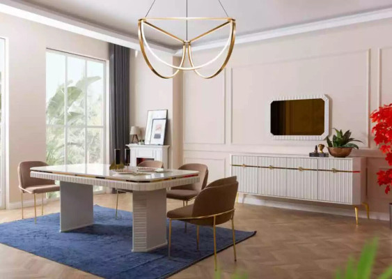 Dining room dining table 6x chair beige set 7-piece luxury wood furniture