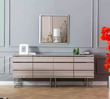 Table, 6x chairs, sideboard, mirror, 9-piece dining room set, group, ensemble
