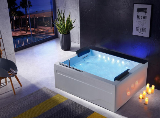 Whirlpool bathtub for 2 people with LED lighting and hydrotherapy.