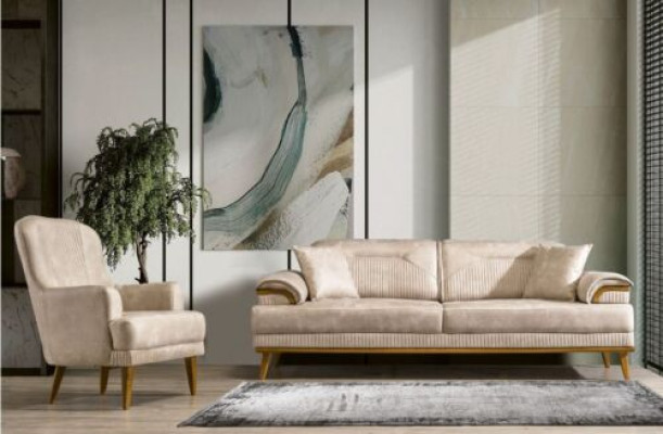 Beige living room seating set designer sofa suite upholstery 3+1 seater