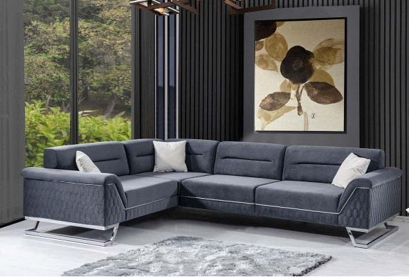 Stylish Grey L-Shaped Couch Living Room Designer Fabric Sofa Corner Couch New