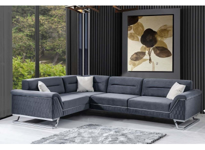 Stylish Grey L-Shaped Couch Living Room Designer Fabric Sofa Corner Couch New